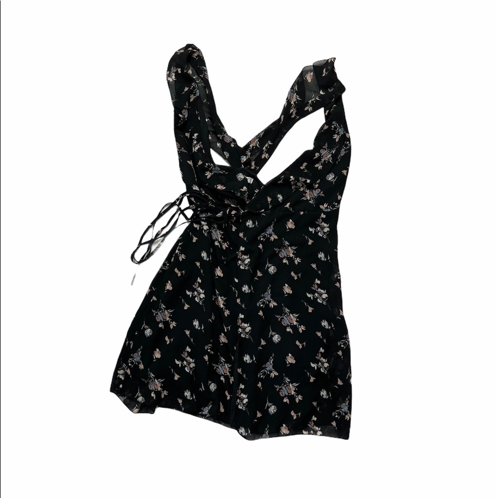 Black Small Floral Print Ruffle Mini Wrap Dress OS - Picture 2 of 11